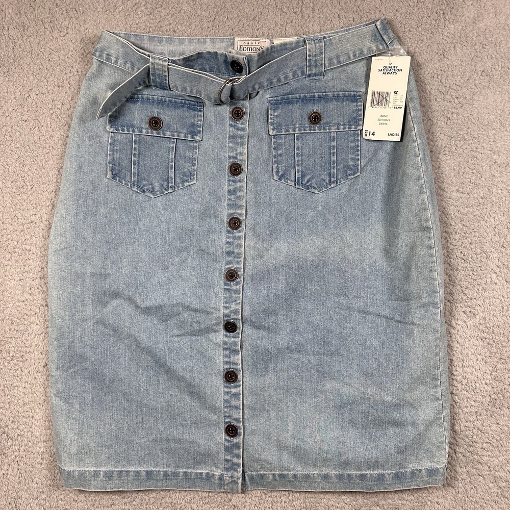 NWT VTG Basic Editions Women's Light Wash Denim Skirt Button Front Belted Sz 14